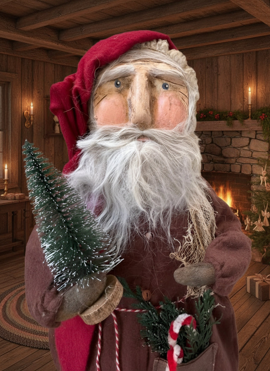 Handcrafted by Michelle Early American Hand Sculpted Clay Face Santa w/ Tree/Candy Canes 18" - The Primitive Pineapple Collection