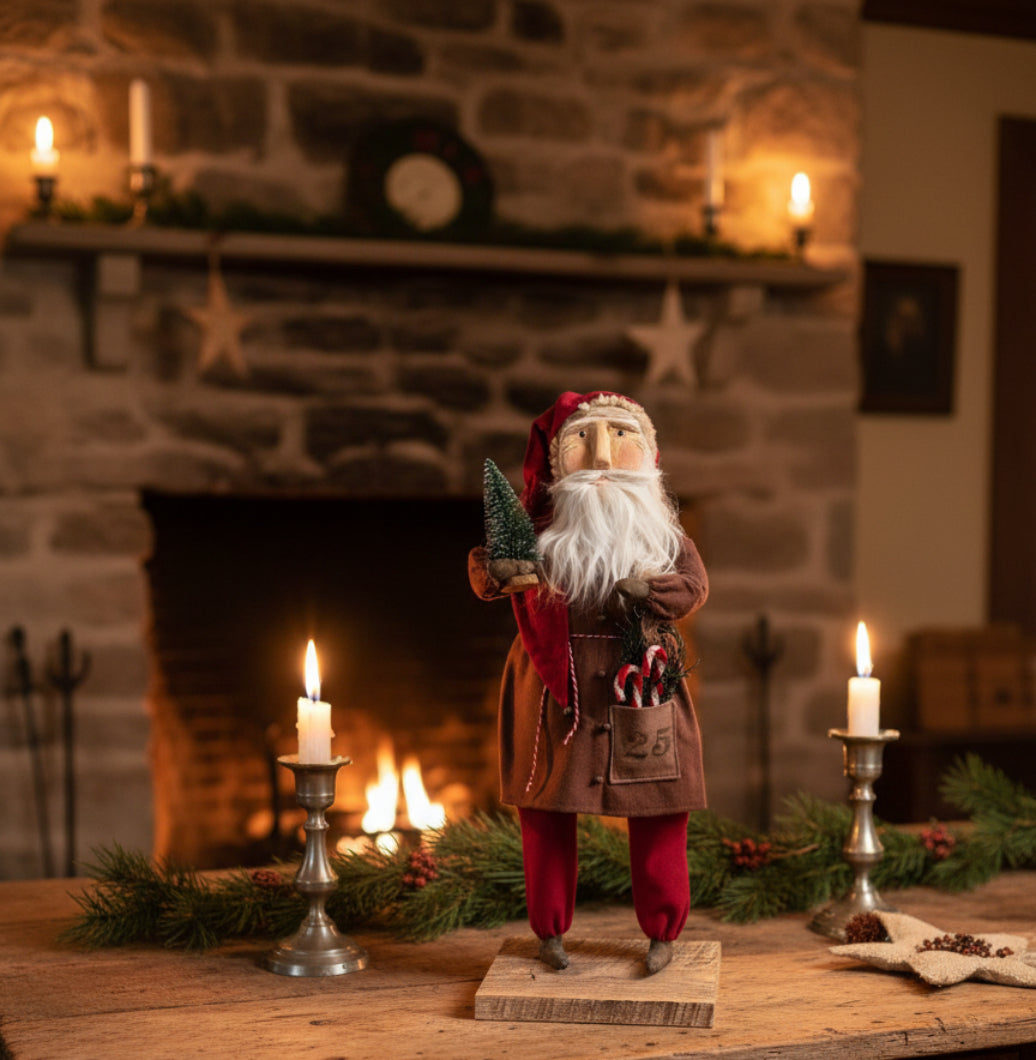 Handcrafted by Michelle Early American Hand Sculpted Clay Face Santa w/ Tree/Candy Canes 18" - The Primitive Pineapple Collection