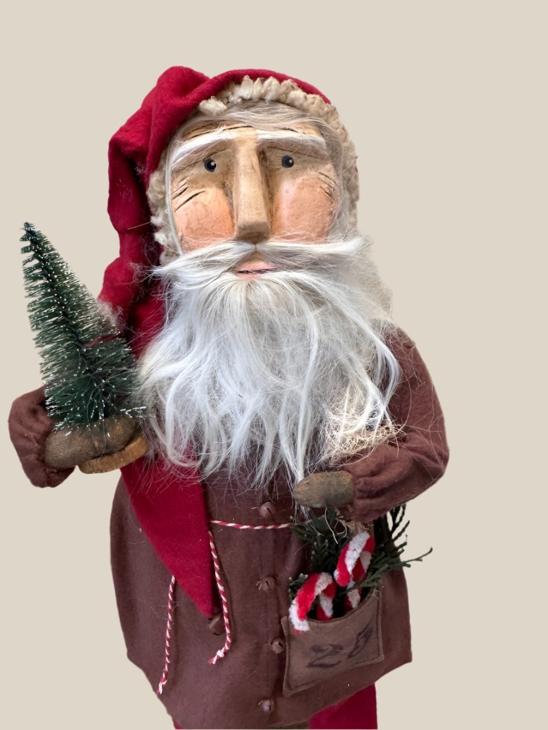 Handcrafted by Michelle Early American Hand Sculpted Clay Face Santa w/ Tree/Candy Canes 18" - The Primitive Pineapple Collection