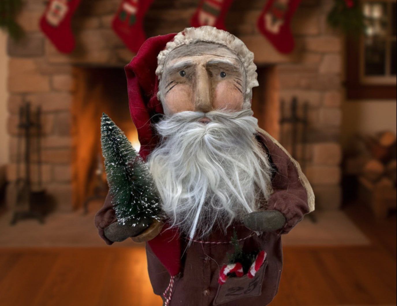 Handcrafted by Michelle Early American Hand Sculpted Clay Face Santa w/ Tree/Candy Canes 18" - The Primitive Pineapple Collection