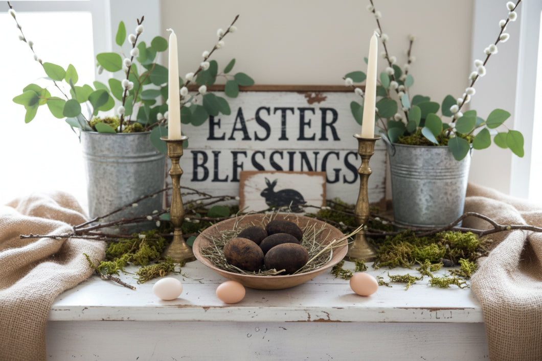 Primitive Handcrafted Black Cinnamon Dusted Eggs w/ Prim Easter Grass 5 pc - The Primitive Pineapple Collection