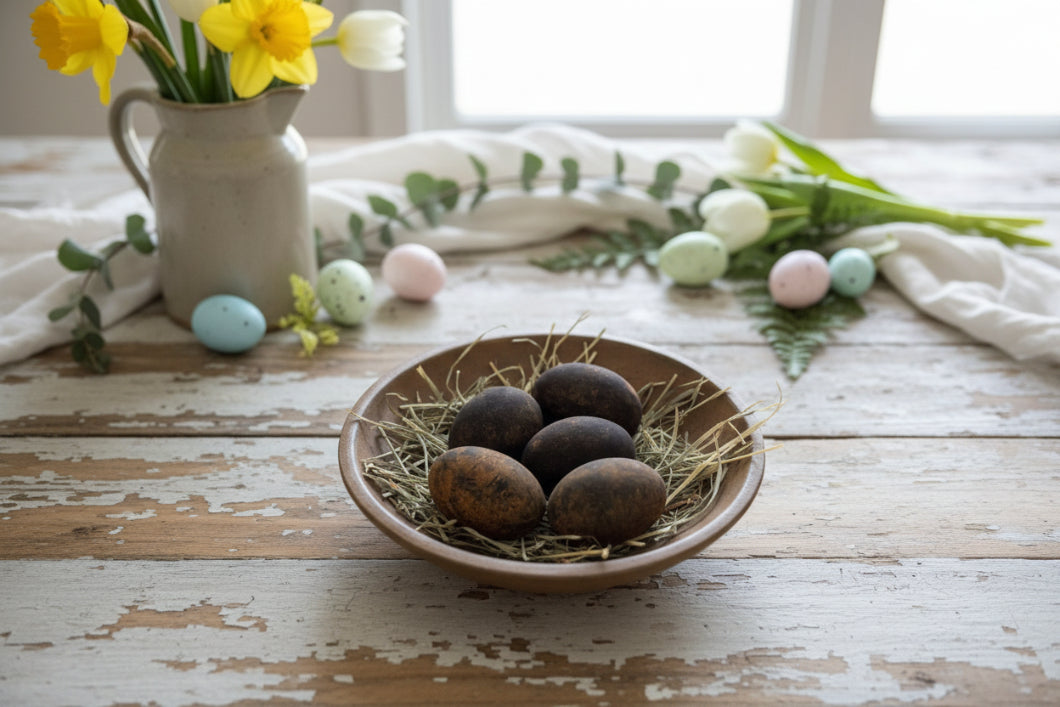 Primitive Handcrafted Black Cinnamon Dusted Eggs w/ Prim Easter Grass 5 pc - The Primitive Pineapple Collection