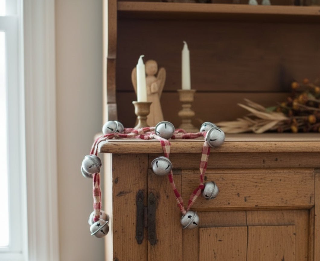 Primitive Rustic 55 Inches Silver Mini Bells on Homespun Garland - The Primitive Pineapple Collection