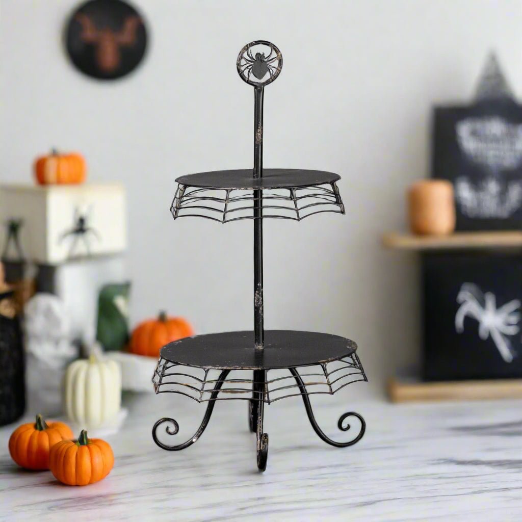 Primitive Ragon House Halloween Two Tier Spider Web Stand 20" - The Primitive Pineapple Collection