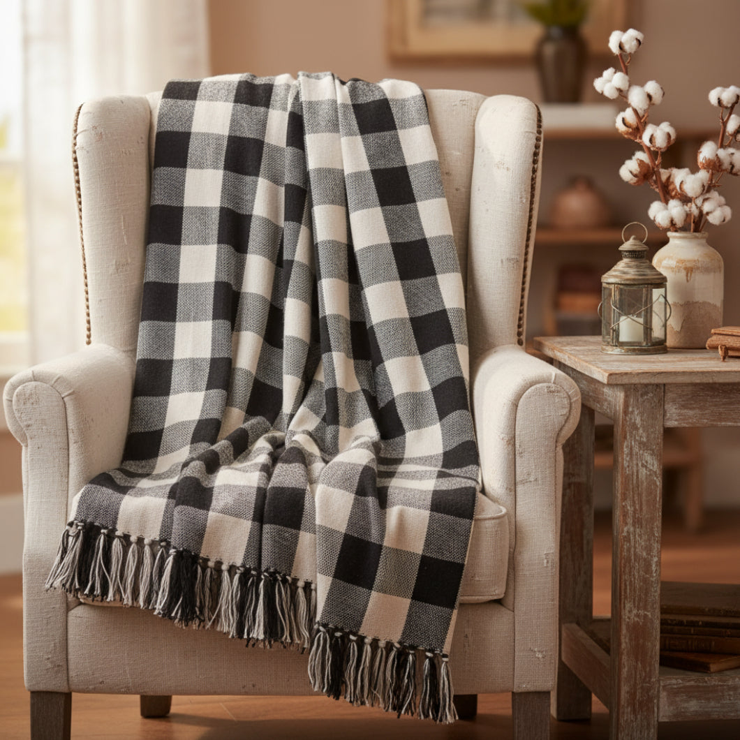 Primitive Farmhouse Buffalo Check Black Afghan Throw 50" x 60" - The Primitive Pineapple Collection