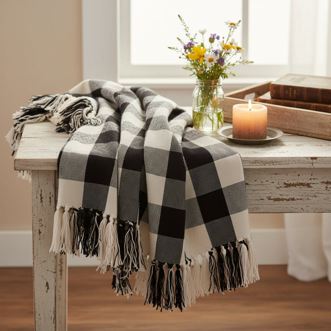 Primitive Farmhouse Buffalo Check Black Afghan Throw 50" x 60" - The Primitive Pineapple Collection