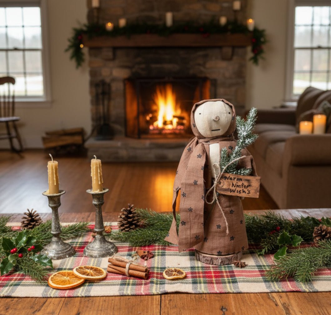 Primitive Handcrafted 13" Snow Girl Doll w/ Greens Wood Stand - The Primitive Pineapple Collection