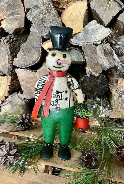 Primitive Christmas 11.50 Recycled Metal Snowman with Red Pail - The Primitive Pineapple Collection