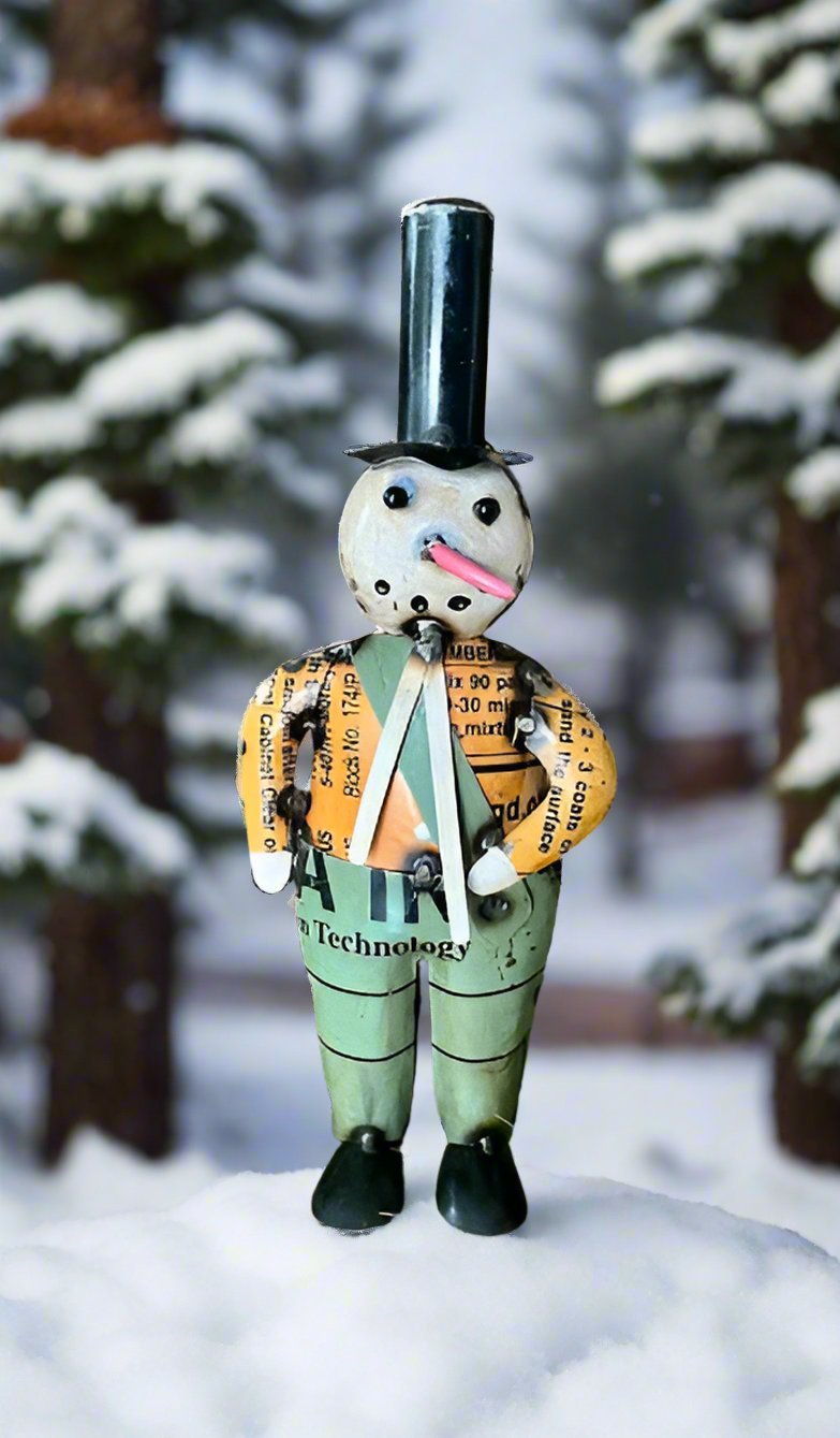 Primitive Christmas 11.75” Recycled Metal Mr Frost Snowman with Top Hat - The Primitive Pineapple Collection
