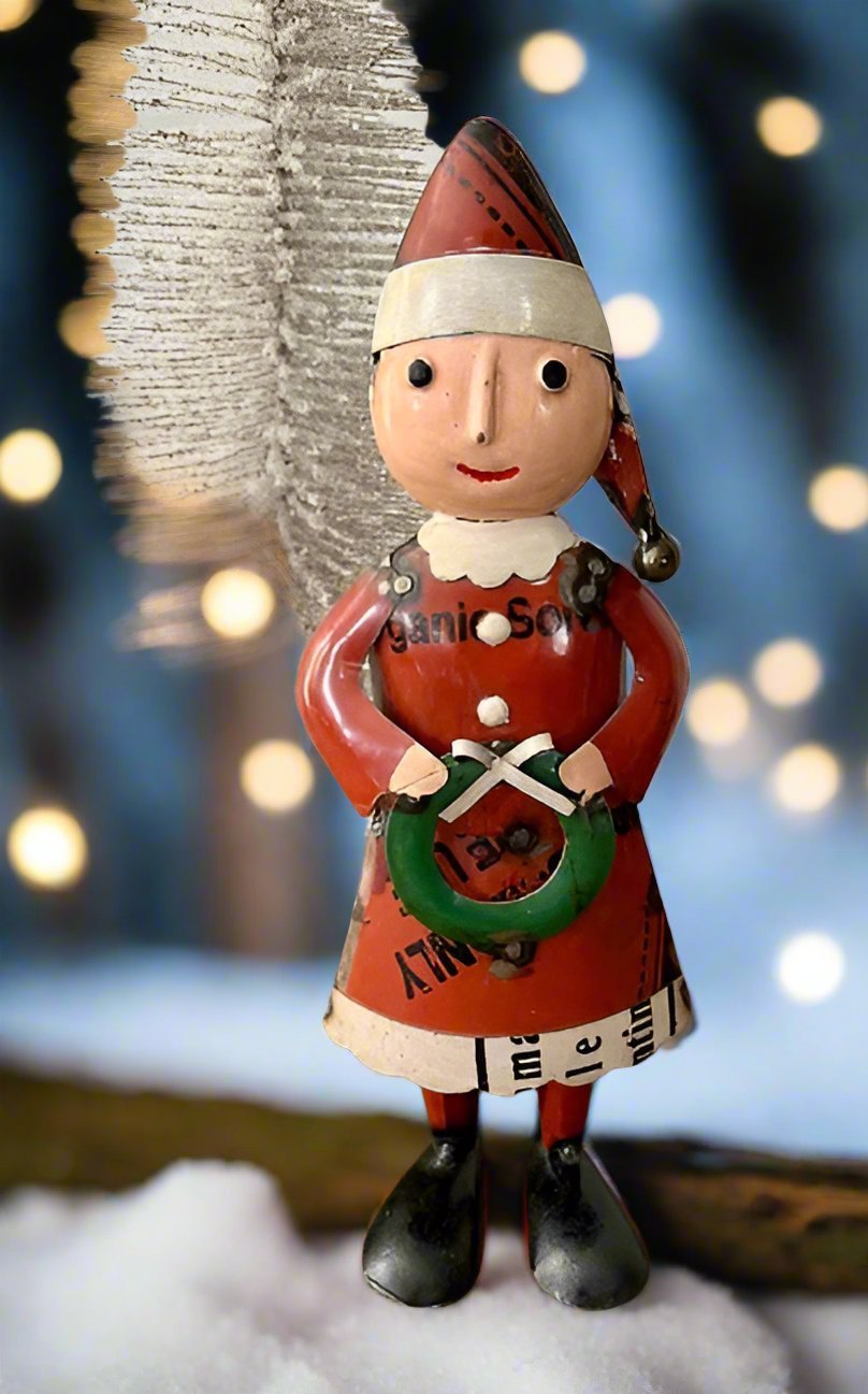 Primitive Christmas 10.75”Recycled Metal Mrs Claus w/ Wreath Figurine - The Primitive Pineapple Collection