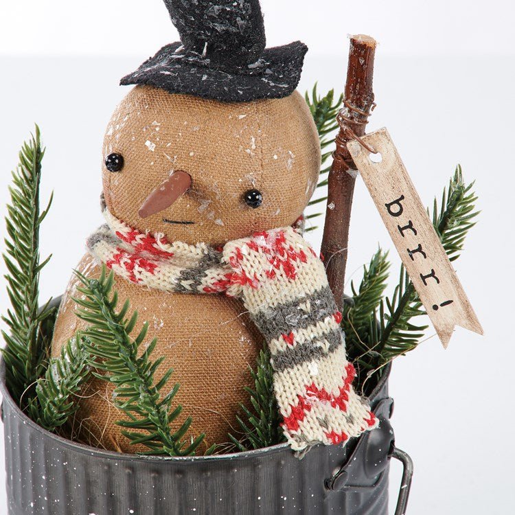 Primitive Country Christmas 9.5” Let it Snow Snowman in Pail with Greens Doll - The Primitive Pineapple Collection