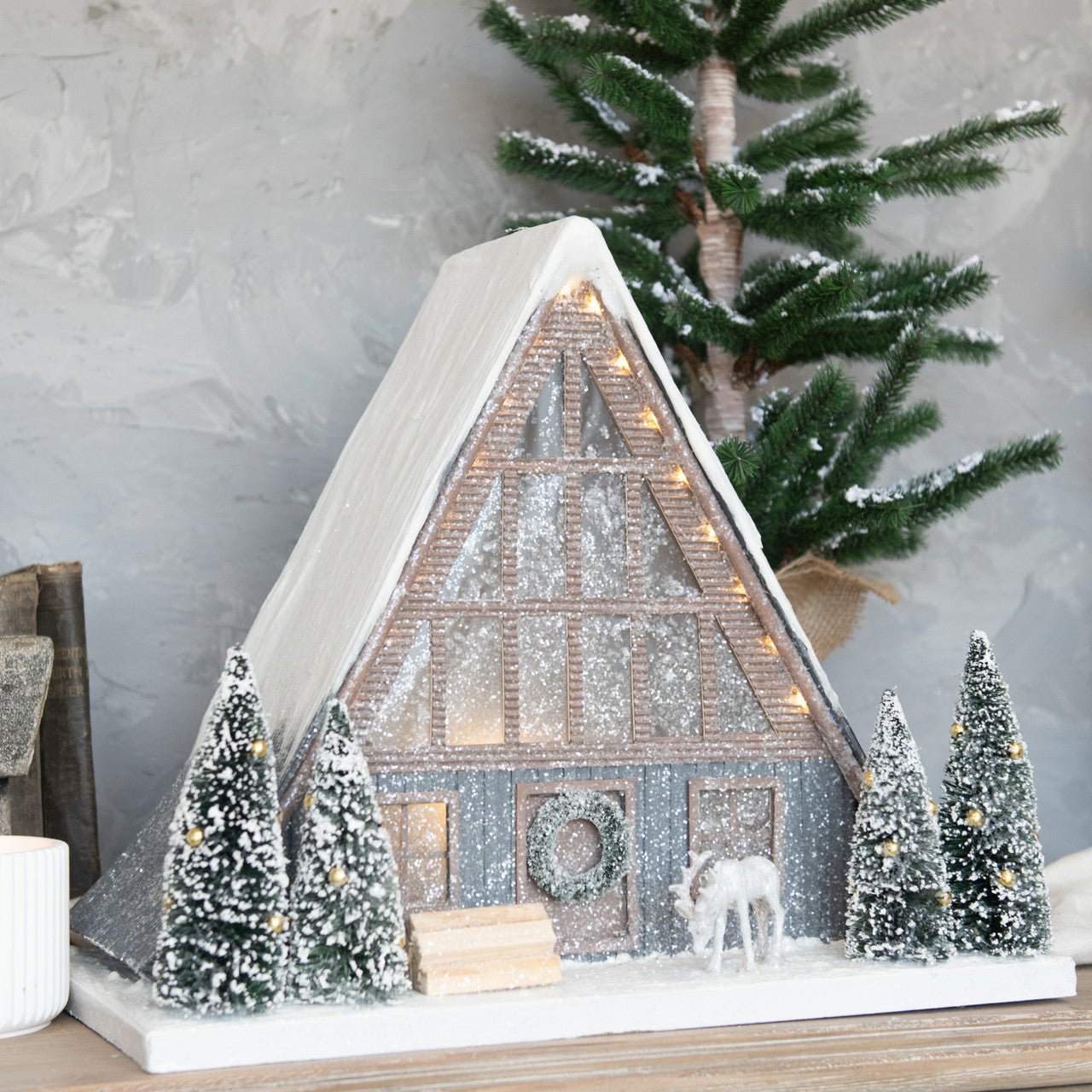 Ragon House Christmas Putz Style Light Up 13.75" Snowy A Frame Cabin w/ Deer - The Primitive Pineapple Collection