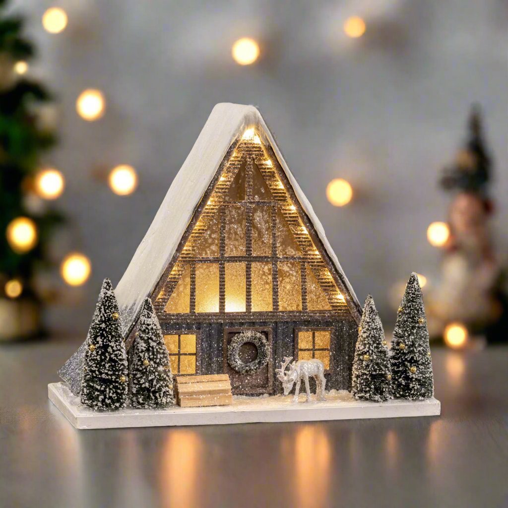 Ragon House Christmas Putz Style Light Up 13.75" Snowy A Frame Cabin w/ Deer - The Primitive Pineapple Collection