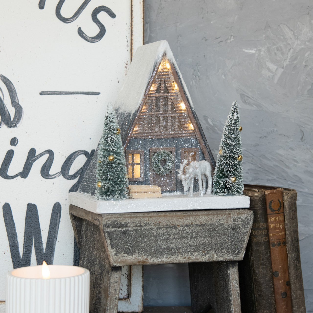 Ragon House Christmas Putz Style Light Up 8.75” Snowy A Frame Cabin w/ Deer - The Primitive Pineapple Collection