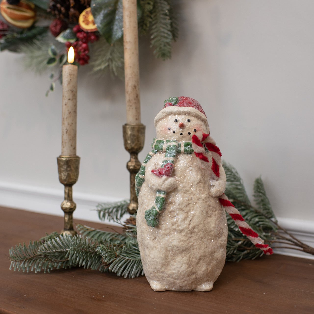Ragon House 10”Vintage Looking Snowman Figurine w/Green Scarf Candy Cane - The Primitive Pineapple Collection