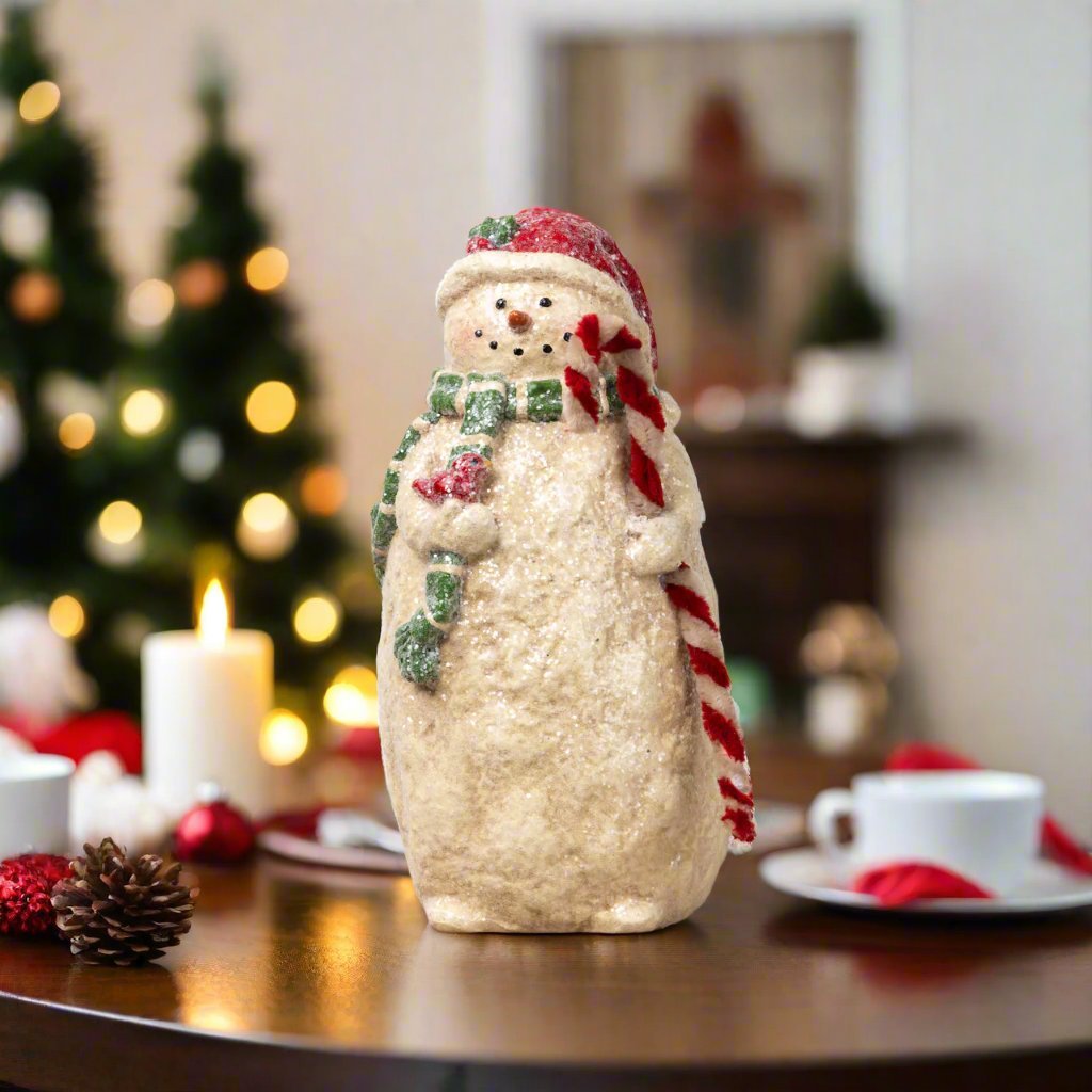 Ragon House 10”Vintage Looking Snowman Figurine w/Green Scarf Candy Cane - The Primitive Pineapple Collection
