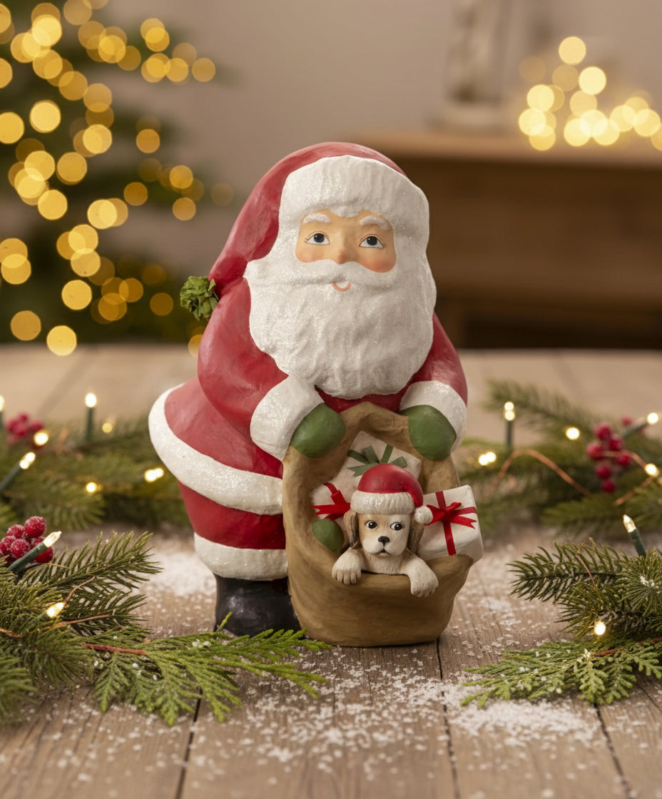 Bethany Lowe Christmas 13.5” Puppy for Christmas Santa TJ3317 - The Primitive Pineapple Collection