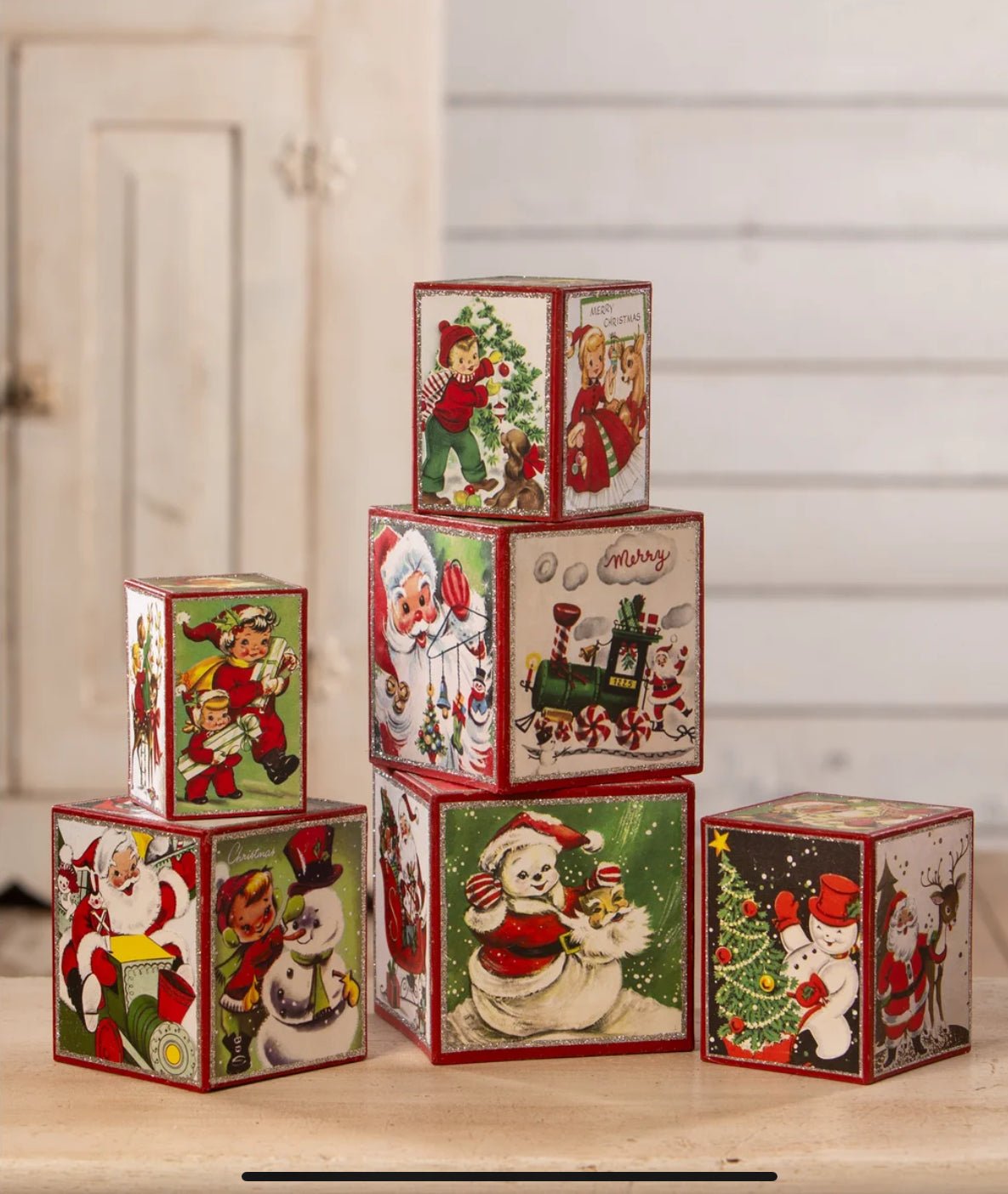 Bethany Lowe Christmas Retro 6 pc Kitschmas Stacking Blocks TL3364 - The Primitive Pineapple Collection