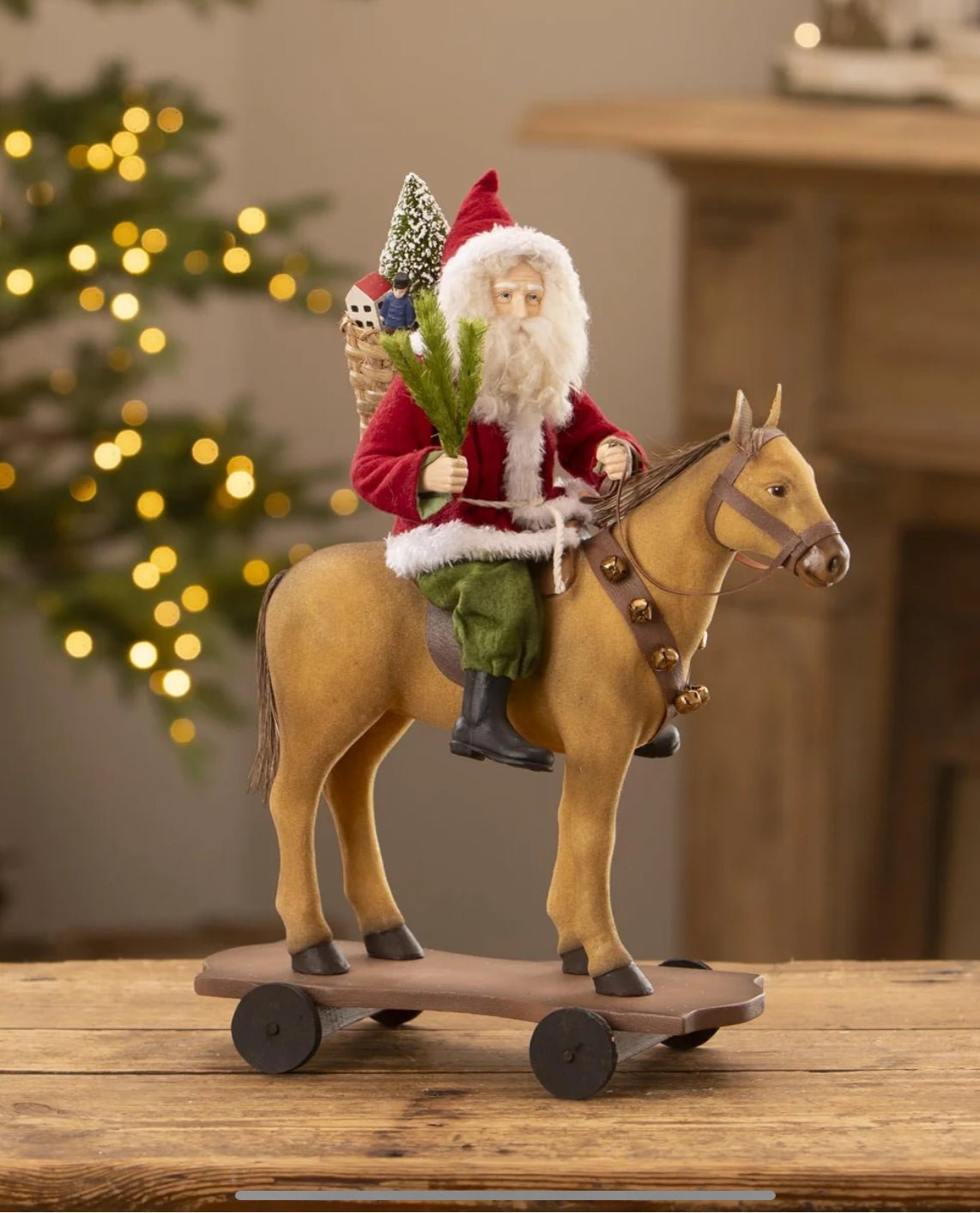 Bethany Lowe Christmas Santa Riding Horse Pull Toy 15” TD3165 - The Primitive Pineapple Collection