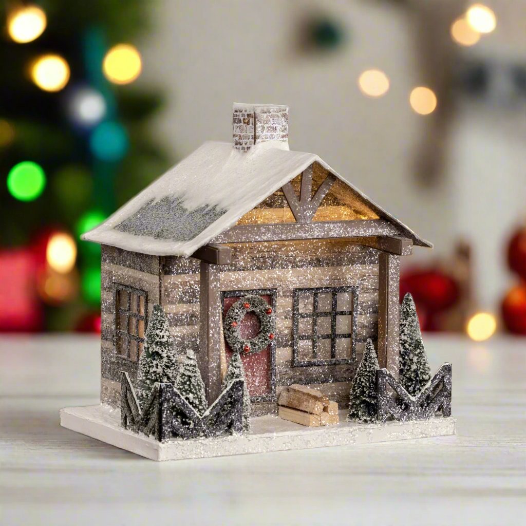 Ragon House Light-Up Putz Log Cabin 10.75" – Christmas Village Decor, Timer, Timber Frame - The Primitive Pineapple Collection