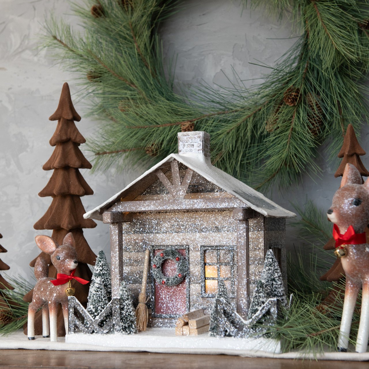 Ragon House Light-Up Putz Log Cabin 10.75" – Christmas Village Decor, Timer, Timber Frame - The Primitive Pineapple Collection