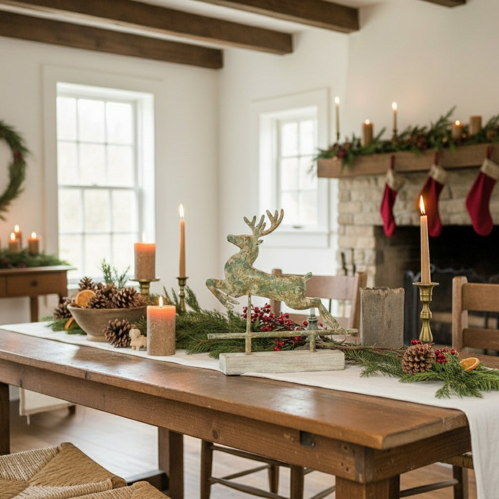 Primitive Ragon House Christmas Distressed Metal 15” Leaping Deer On Faux Wood Stand - The Primitive Pineapple Collection