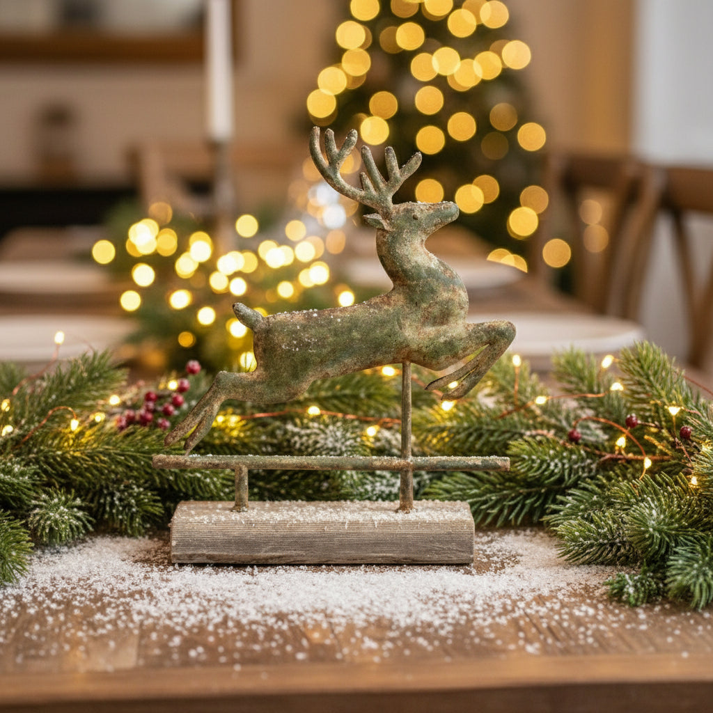 Primitive Ragon House Christmas Distressed Metal 15” Leaping Deer On Faux Wood Stand - The Primitive Pineapple Collection