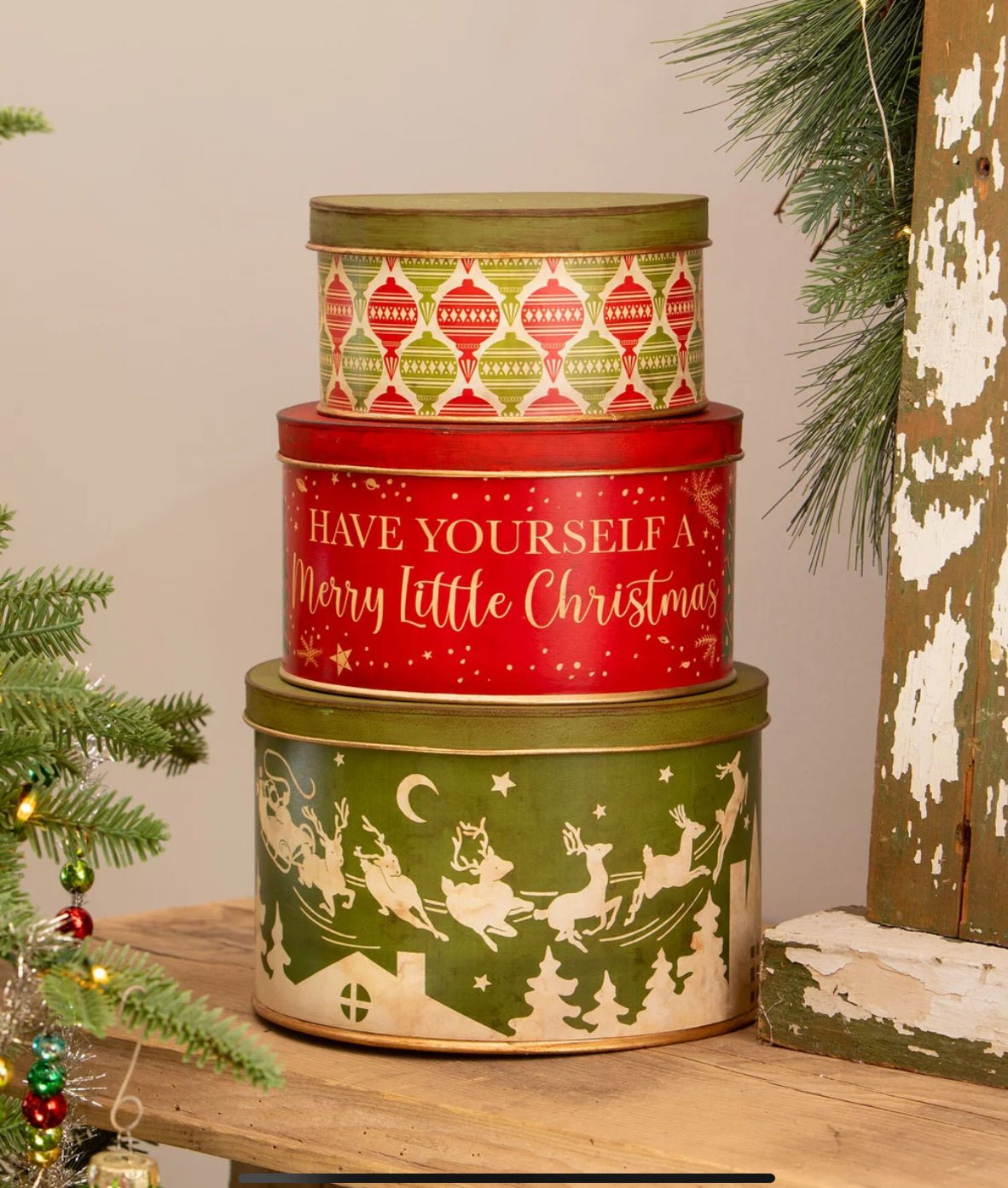 Bethany Lowe Christmas Retro Look Vintage Christmas Tins 3 pc Set TF3268 - The Primitive Pineapple Collection
