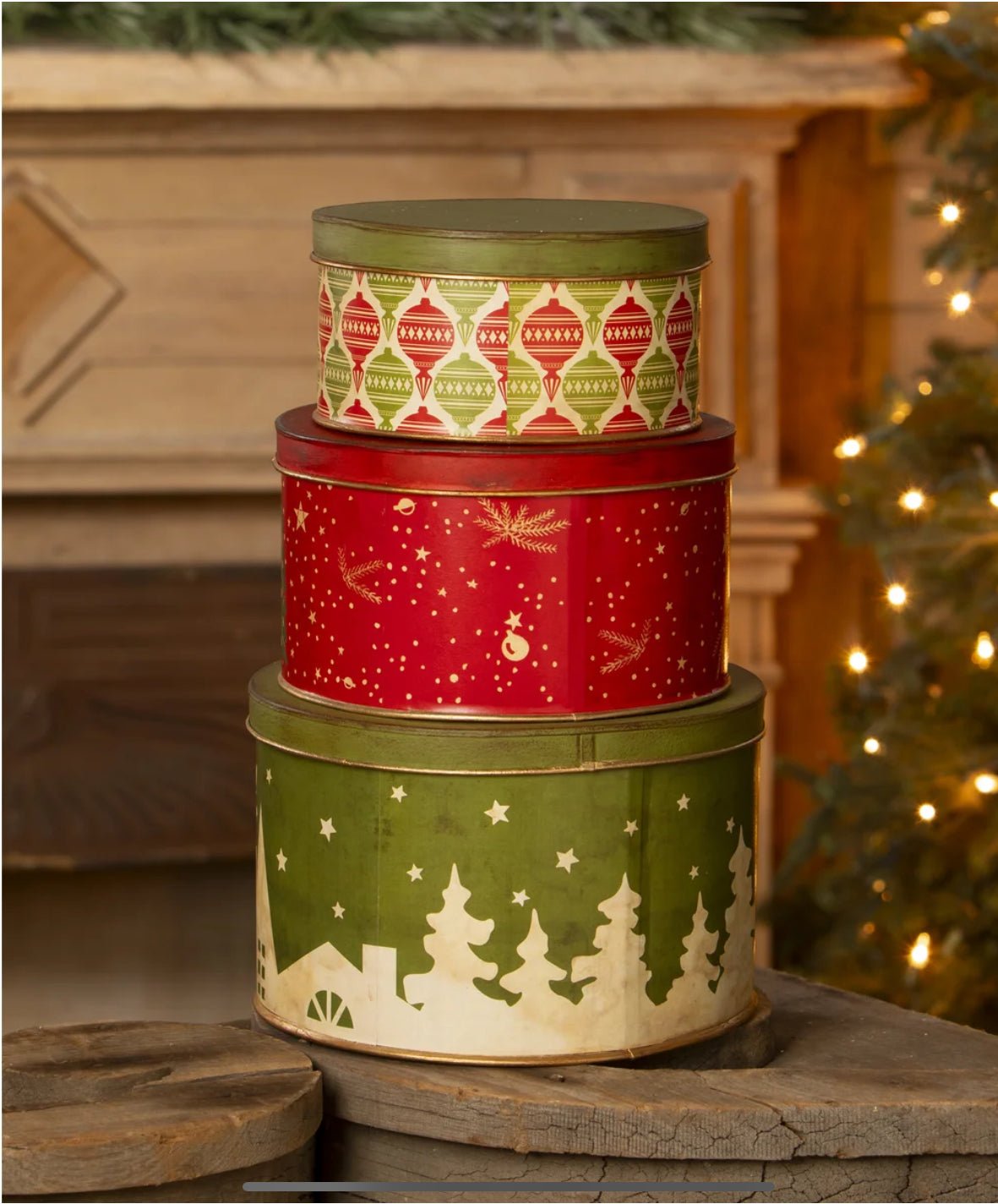 Bethany Lowe Christmas Retro Look Vintage Christmas Tins 3 pc Set TF3268 - The Primitive Pineapple Collection
