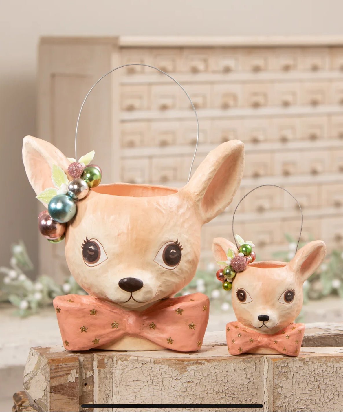 Bethany Lowe Christmas 12” Retro Pastel Fawnie Bucket Large TJ3325 - The Primitive Pineapple Collection