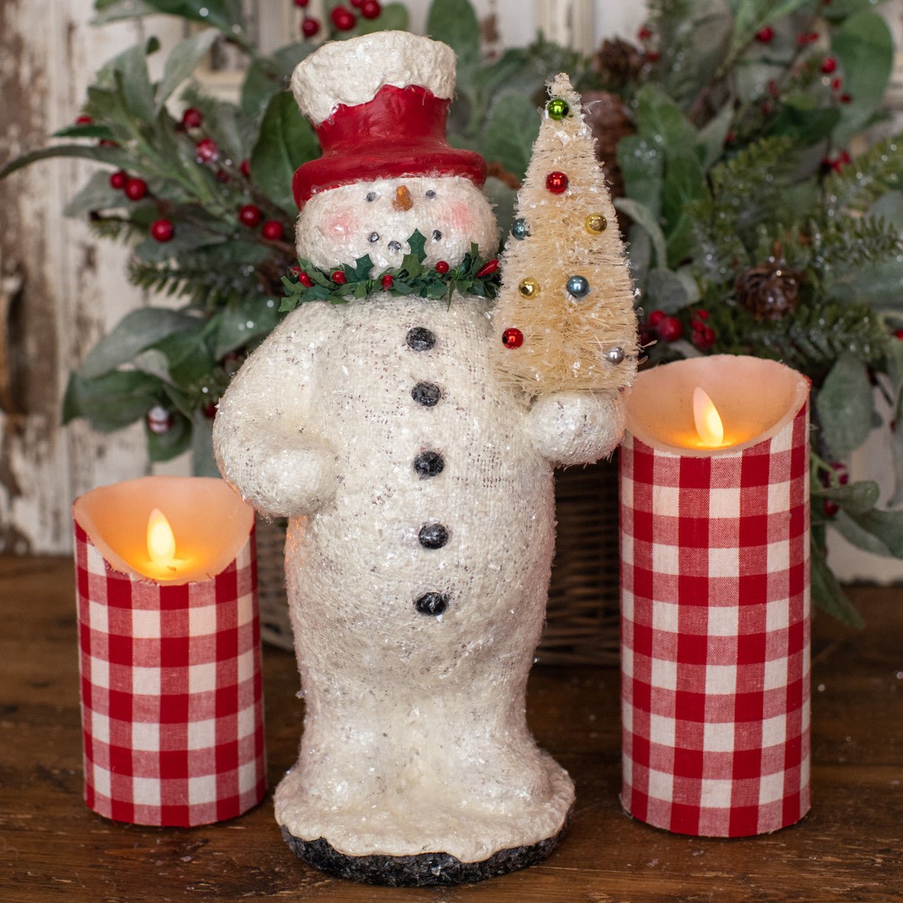 Ragon House Christmas Vintage Looking 12.5" Snowman w/ Holly and Bottle Brush Tree - The Primitive Pineapple Collection