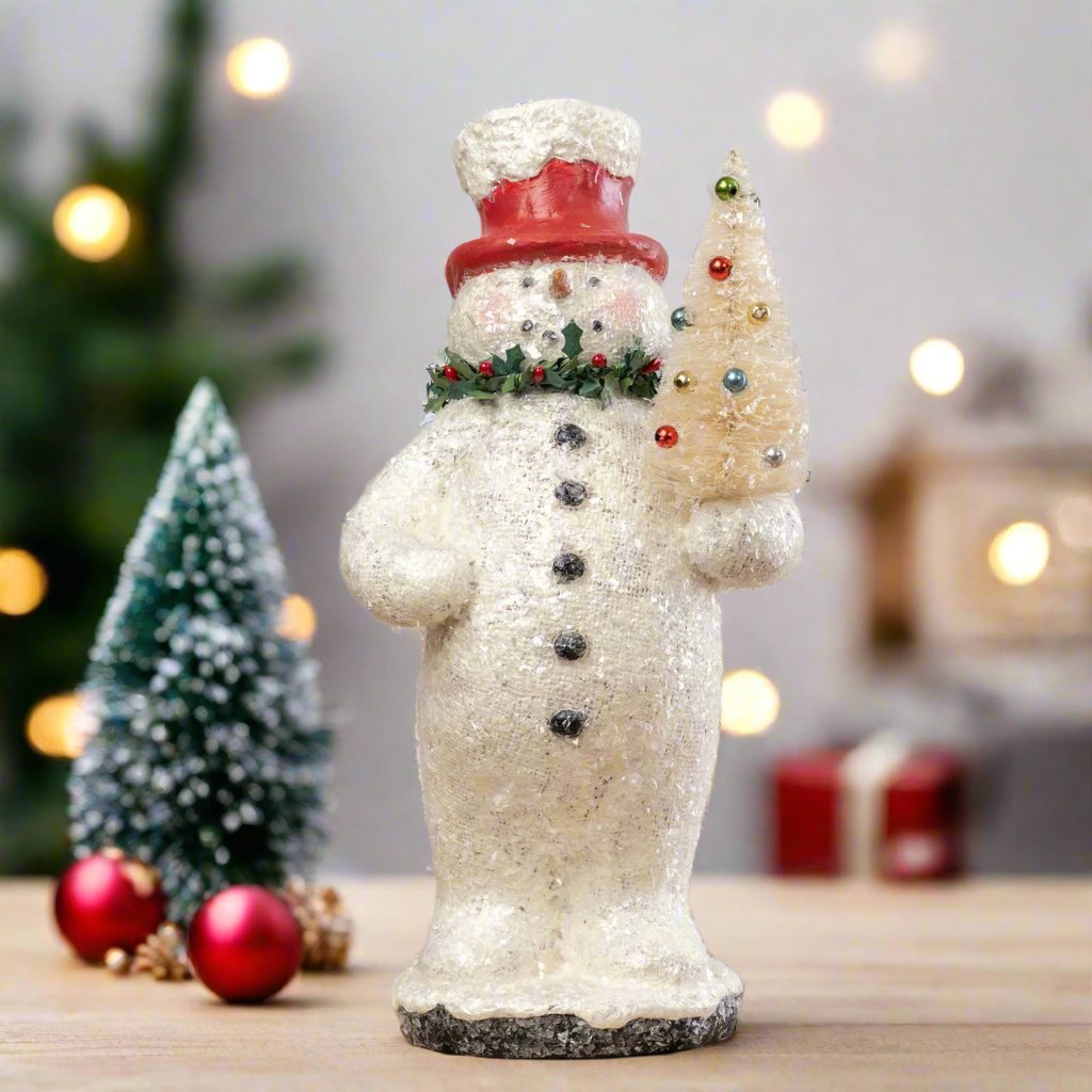 Ragon House Christmas Vintage Looking 12.5" Snowman w/ Holly and Bottle Brush Tree - The Primitive Pineapple Collection