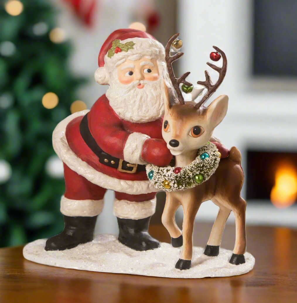 Bethany Lowe Christmas 13” Retro Santa With Reindeer Large TD9025 - The Primitive Pineapple Collection