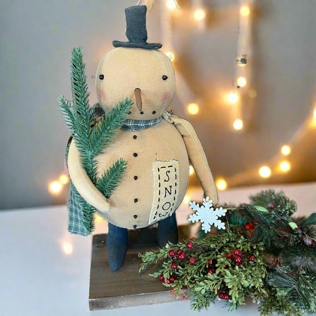 Primitive Christmas Folk art 13" Snowman Doll w/ Snowflake and Greens - The Primitive Pineapple Collection