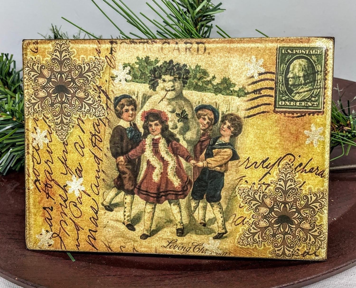 Christmas Handmade Vintage Postcard 5”x7 Canvas Plaque Holly Snowman w/ Kids - The Primitive Pineapple Collection