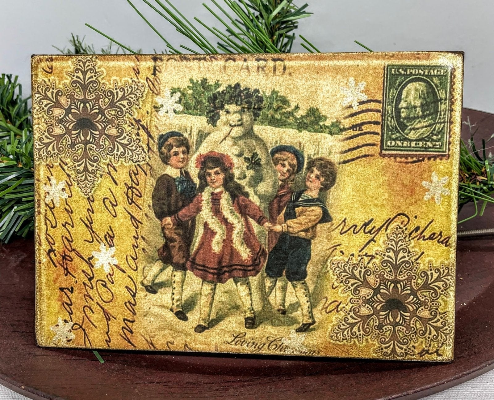 Christmas Handmade Vintage Postcard 5”x7 Canvas Plaque Holly Snowman w/ Kids - The Primitive Pineapple Collection