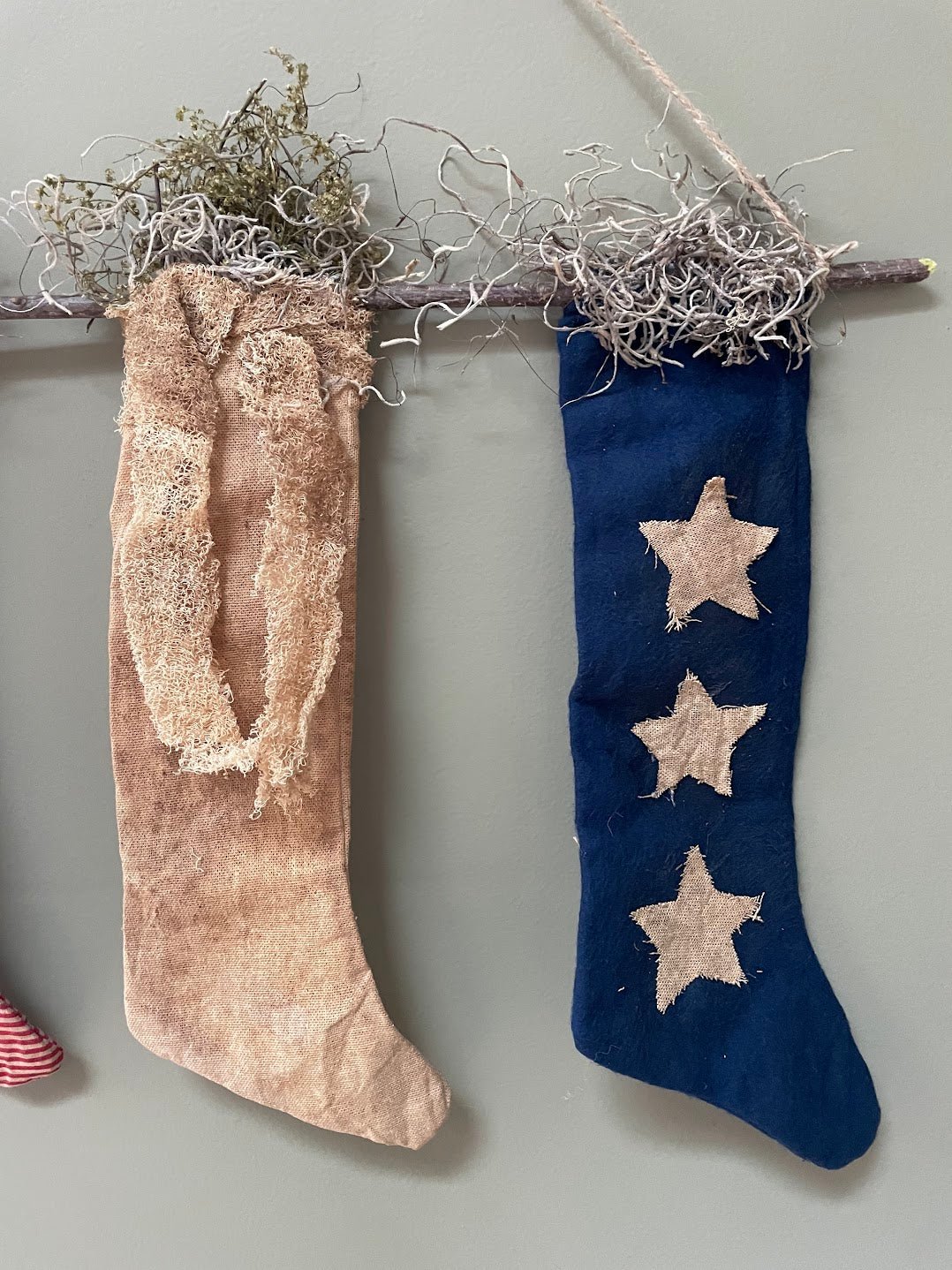 Primitive Handcrafted Patriotic Americana Trio Stocking Hanger w/ Sweet Annie - The Primitive Pineapple Collection