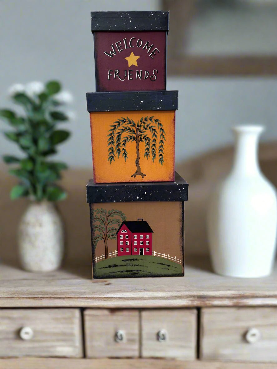 Primitive Farmhouse Welcome Friends Willow Tree 3 pc Nesting Boxes - The Primitive Pineapple Collection