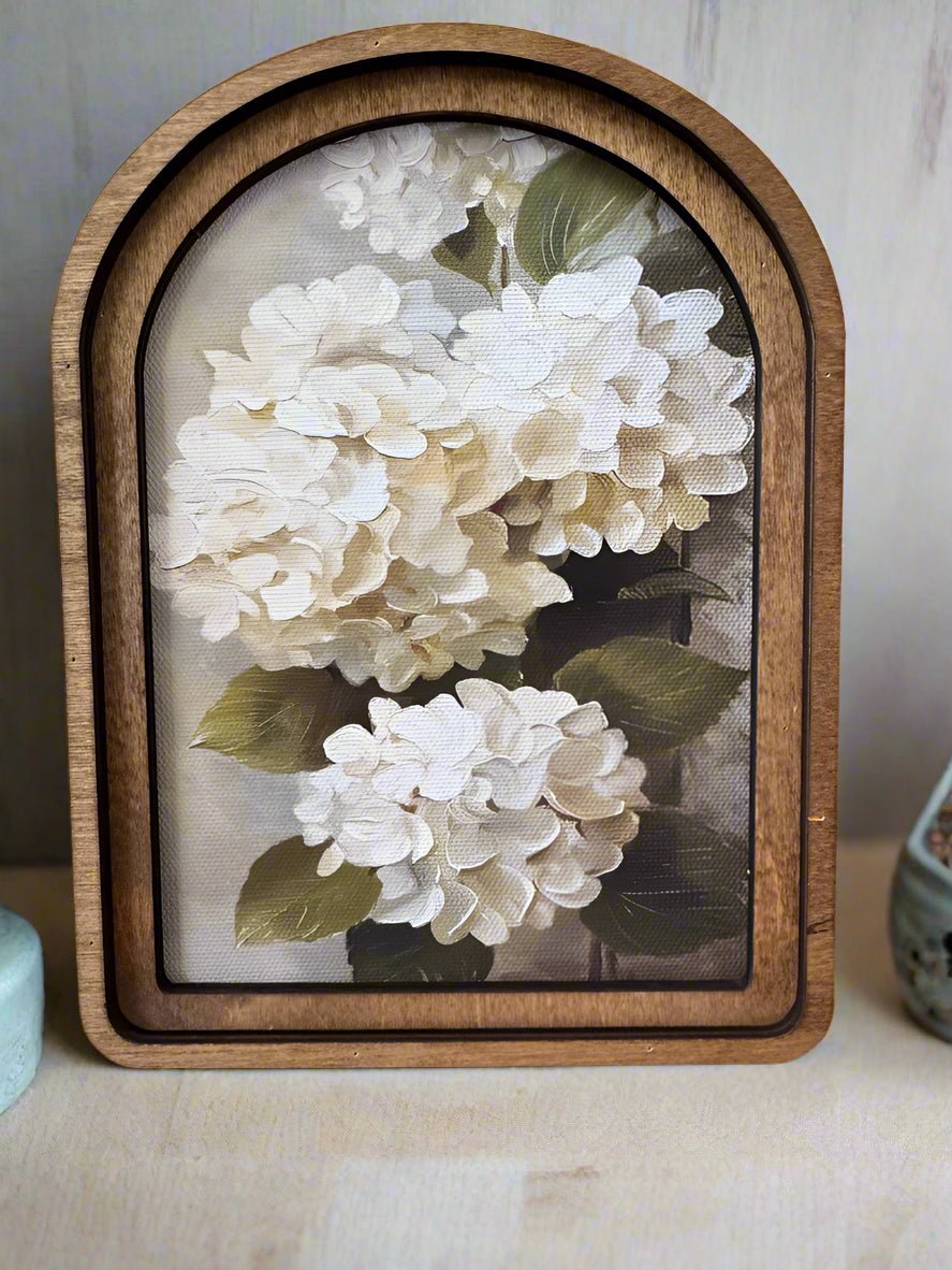 Handcrafted Retro 8" Canvas on Wood Arch Top Hydrangea Painting Framed Art - The Primitive Pineapple Collection