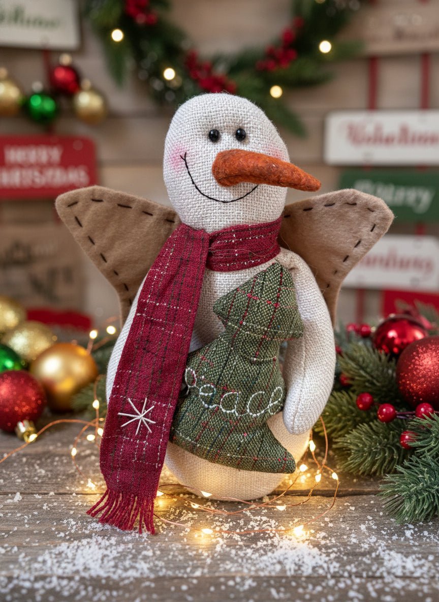 Primitive Christmas 13" Rustic Snowman Angel Doll w/ Peace Tree Pillow - The Primitive Pineapple Collection