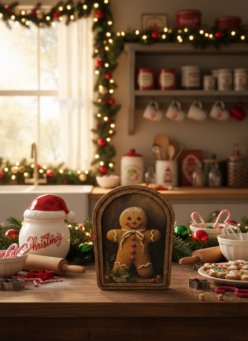 Handcrafted Retro 8" Canvas on Wood Christmas Gingerbread Man Framed Art - The Primitive Pineapple Collection
