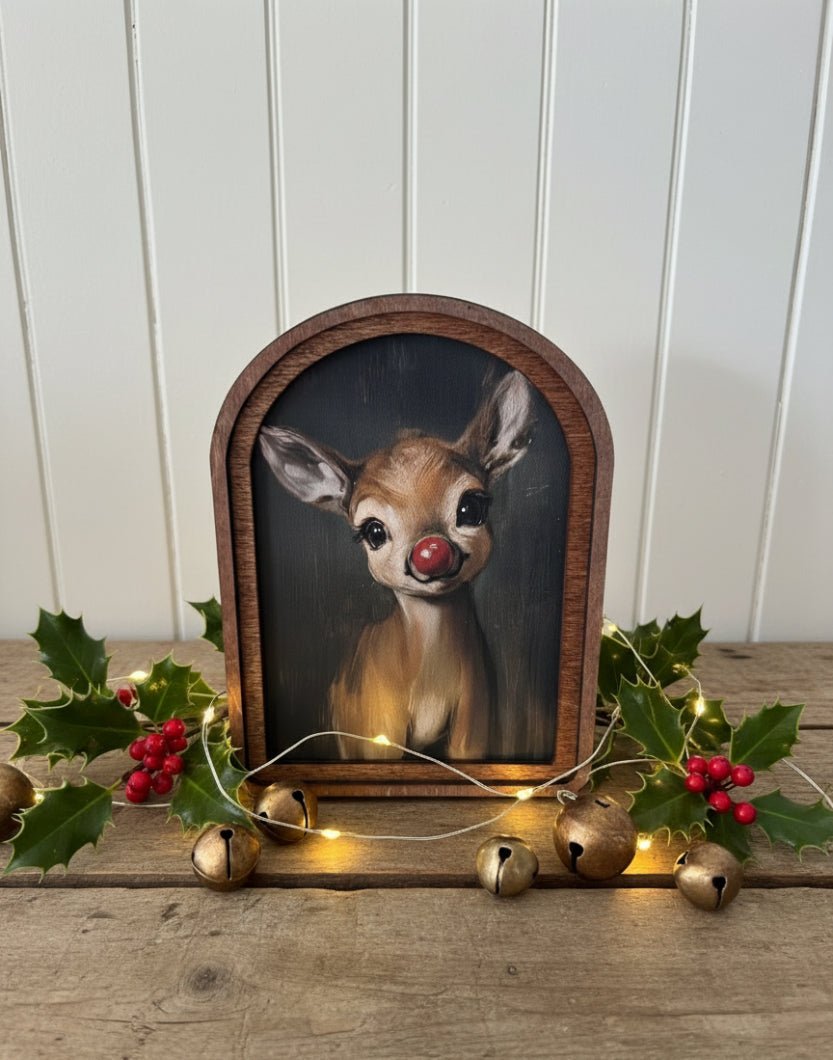 Handcrafted 8" Canvas on Wood Christmas Arch Top Rudolph Framed Art - The Primitive Pineapple Collection