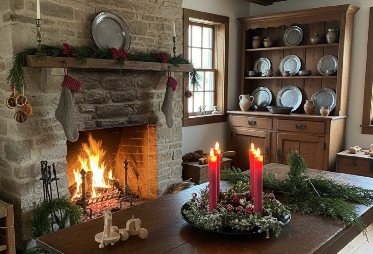 Primitive Christmas Rustic Black Metal 4 Taper Candle Holder Tray with Wreath Set - The Primitive Pineapple Collection