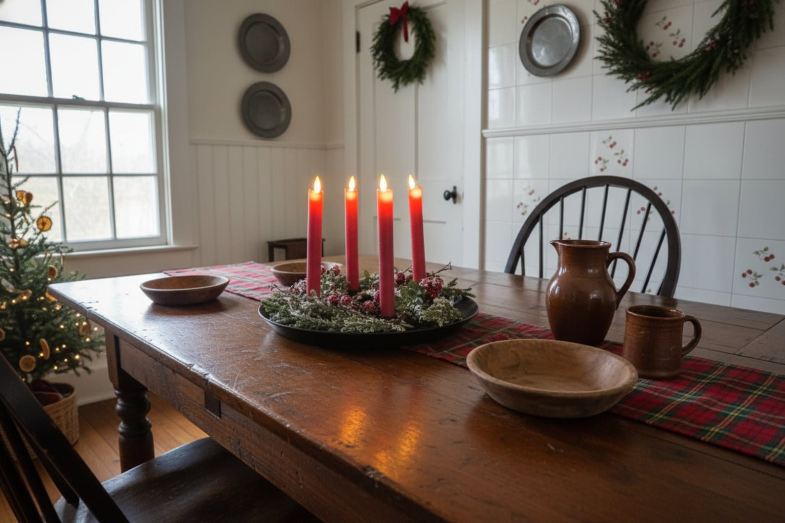 Primitive Christmas Rustic Black Metal 4 Taper Candle Holder Tray with Wreath Set - The Primitive Pineapple Collection