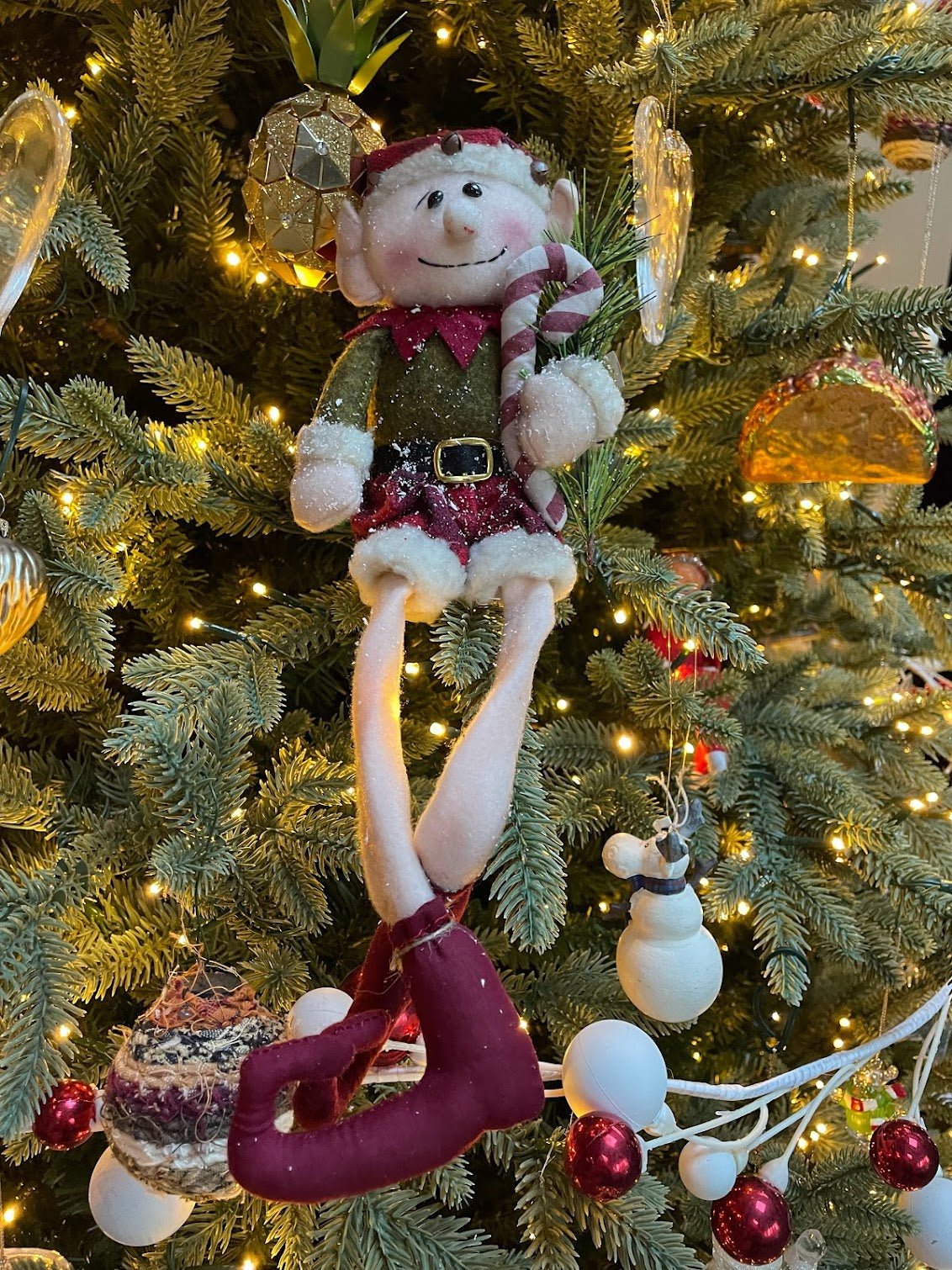 Primitive Christmas Elf with Candy Cane Doll 13.5" L - The Primitive Pineapple Collection