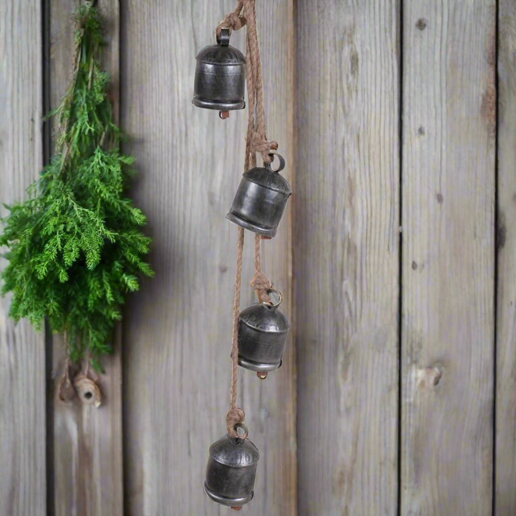 Primitive Rustic Hanging Cow Bell Set in Antique Silver 30" L - The Primitive Pineapple Collection