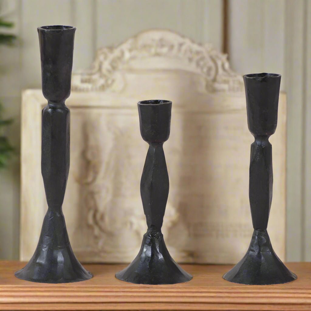 Primitive Colonial Newtown 3 pc Cast Iron Taper Candle Holder Set - The Primitive Pineapple Collection