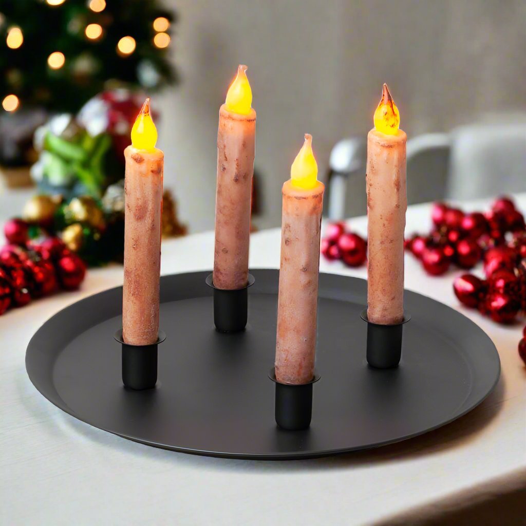 Primitive Christmas Rustic Black Metal 4 Taper Candle Holder Tray - The Primitive Pineapple Collection
