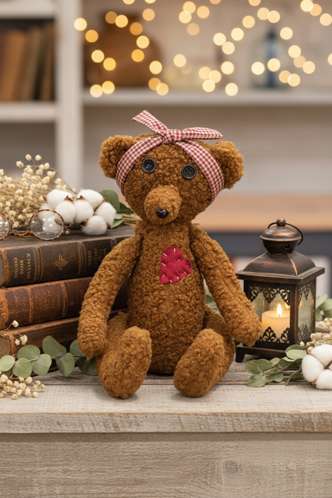 Primitive Button Eye 16" Stuffed Heart Patch Teddy Bear with Gingham Bow - The Primitive Pineapple Collection