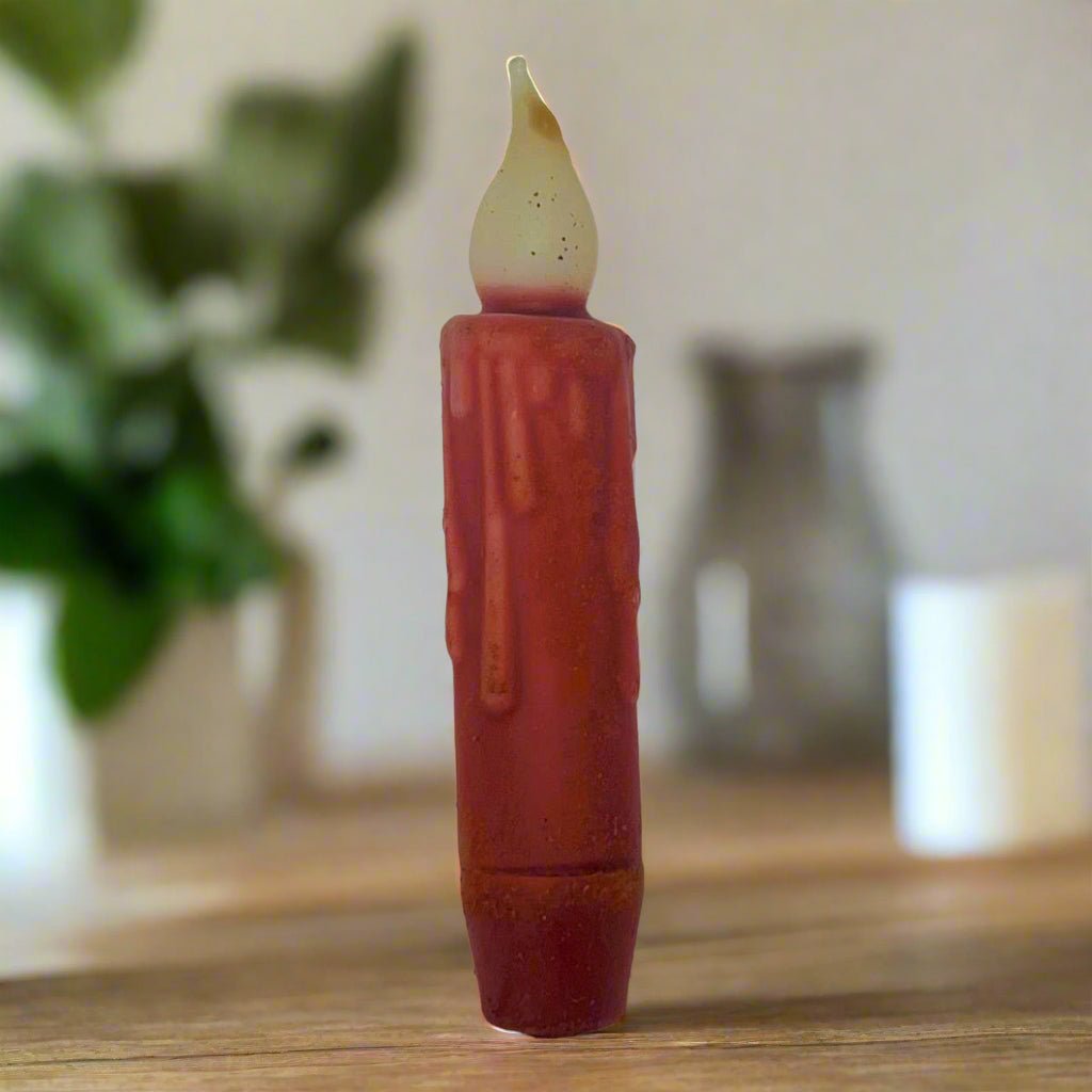 Primitive/Country 4" Battery Operated Red Taper Candle W/Timer - The Primitive Pineapple Collection